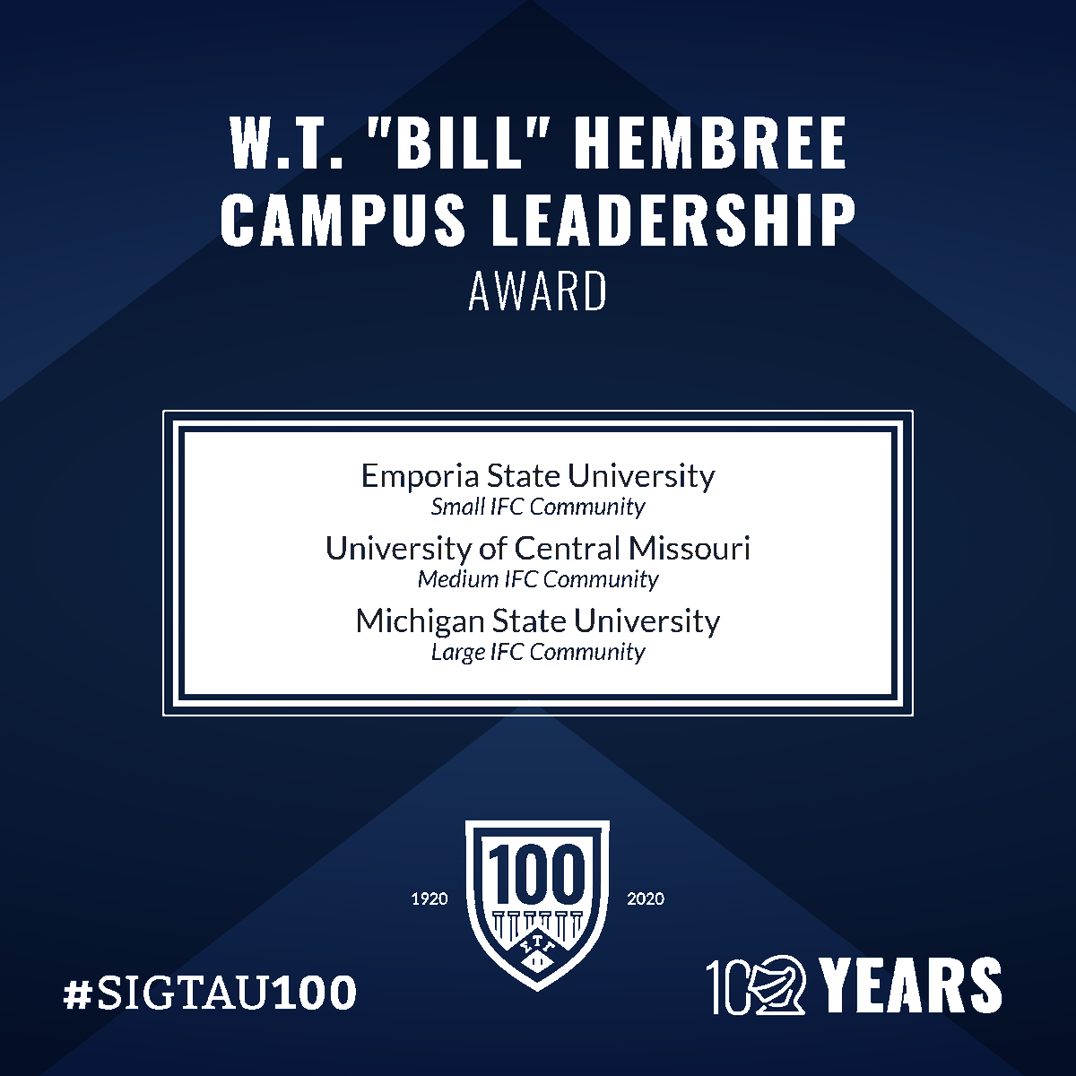 LEADERSHIP
Congrats to Michigan State, Central Missouri, &amp; Emporia State for their excellence in campus &amp; National Sig Tau program involvement! This award recognizes chapters whose members are actively involved in campus organizations outside of the chapter.  #SigTau100 #SigTau