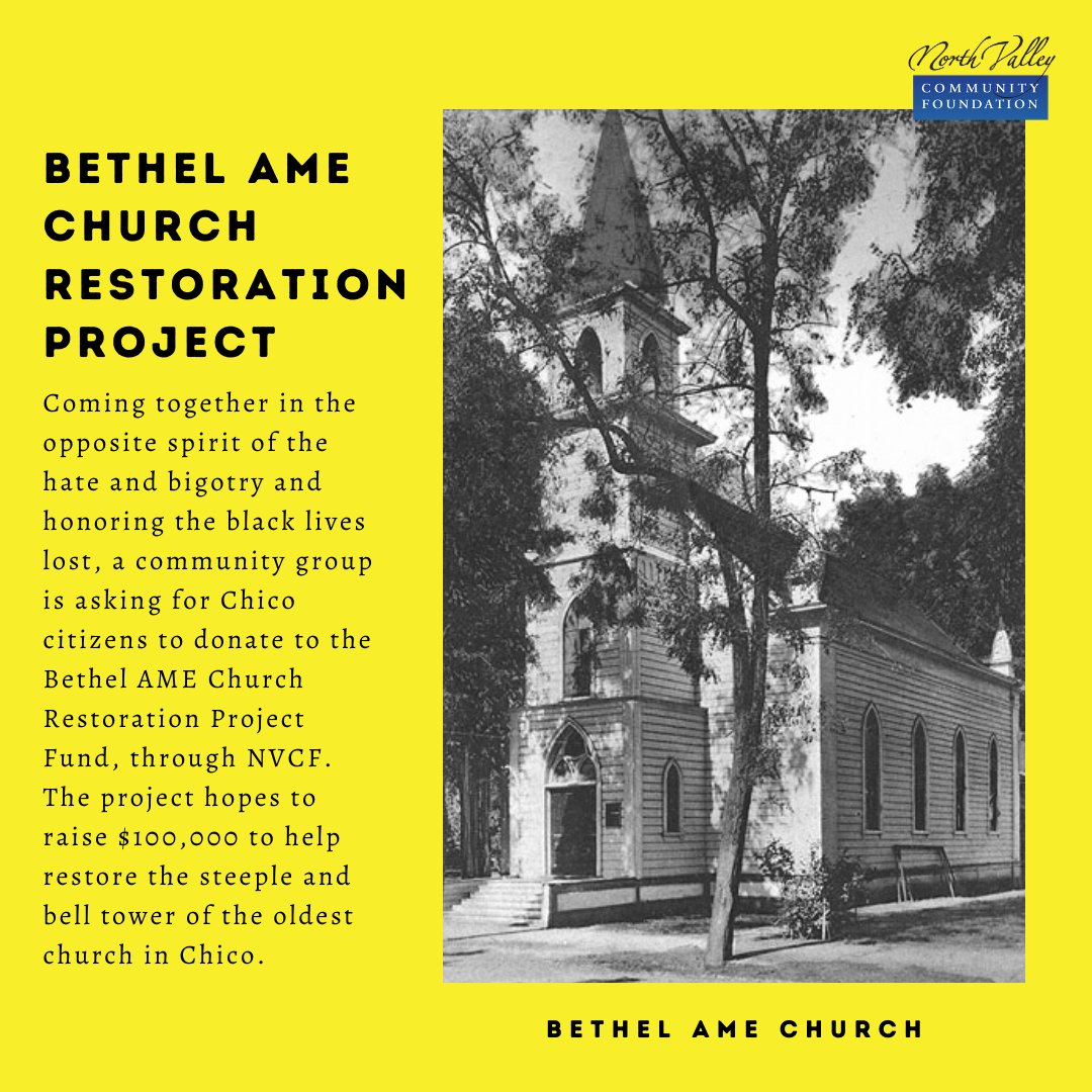 NVCF's tweet image. Looking for ways to support our community in the fight for racial justice right here in Chico? Check out the efforts surrounding the rebuild of the Bethel AME Church nvcf.org/funds/Bethel-A….  We are in this together. #weareresilient #Junetheenth #BlackLivesMatter #buttestrong