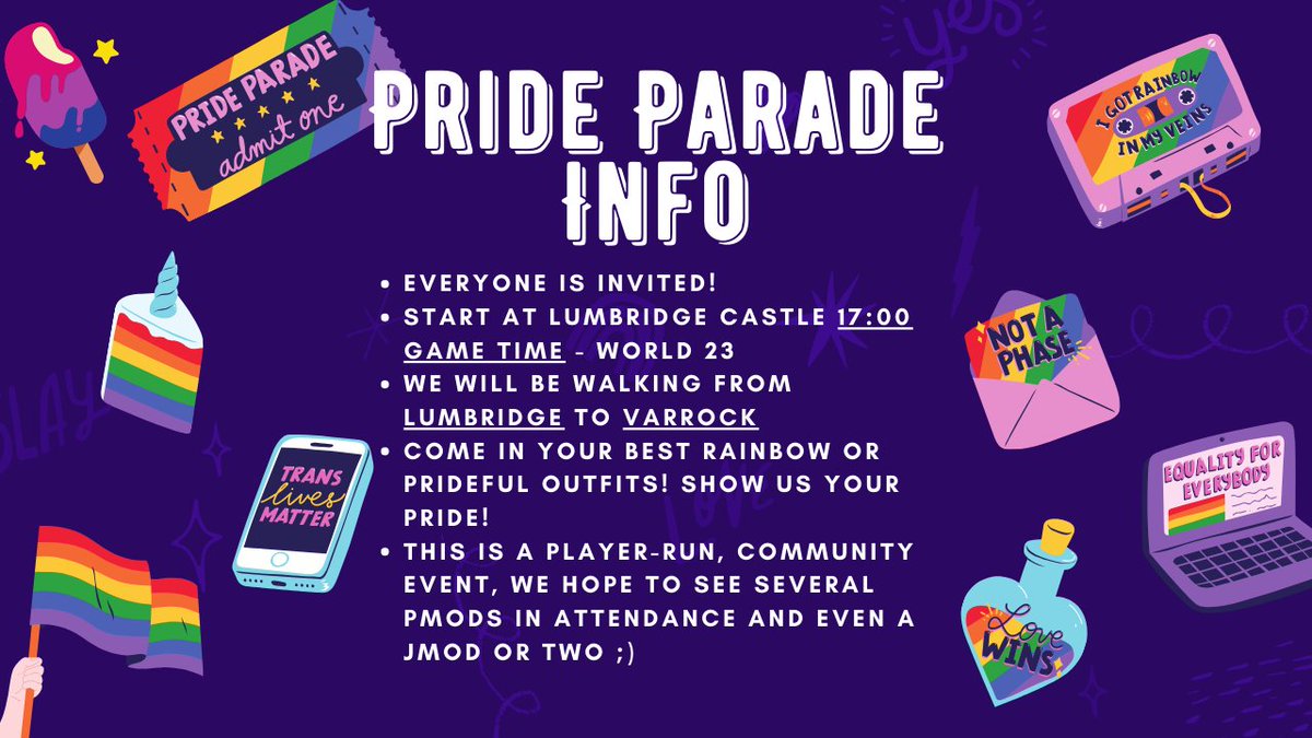 RsnPur's tweet photo. Happy #PrideMonth

To celebrate Pride Month 2020 a few LGBT+ scapers have been working hard organising a special surprise!

We are happy to share that we will be hosting @RuneScape 's first ever Pride parade! 

Join us on June 25th to show our pride and celebrate together https://t.co/PaX55QLTKM