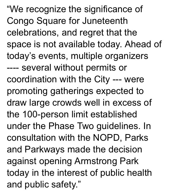 Spokeswoman for New Orleans Mayor LaToya Cantrell: City decided to close Armstrong Park + Congo Square today b/c events (including planned protests) looked like they’d violate coronavirus restrictions on crowd size.