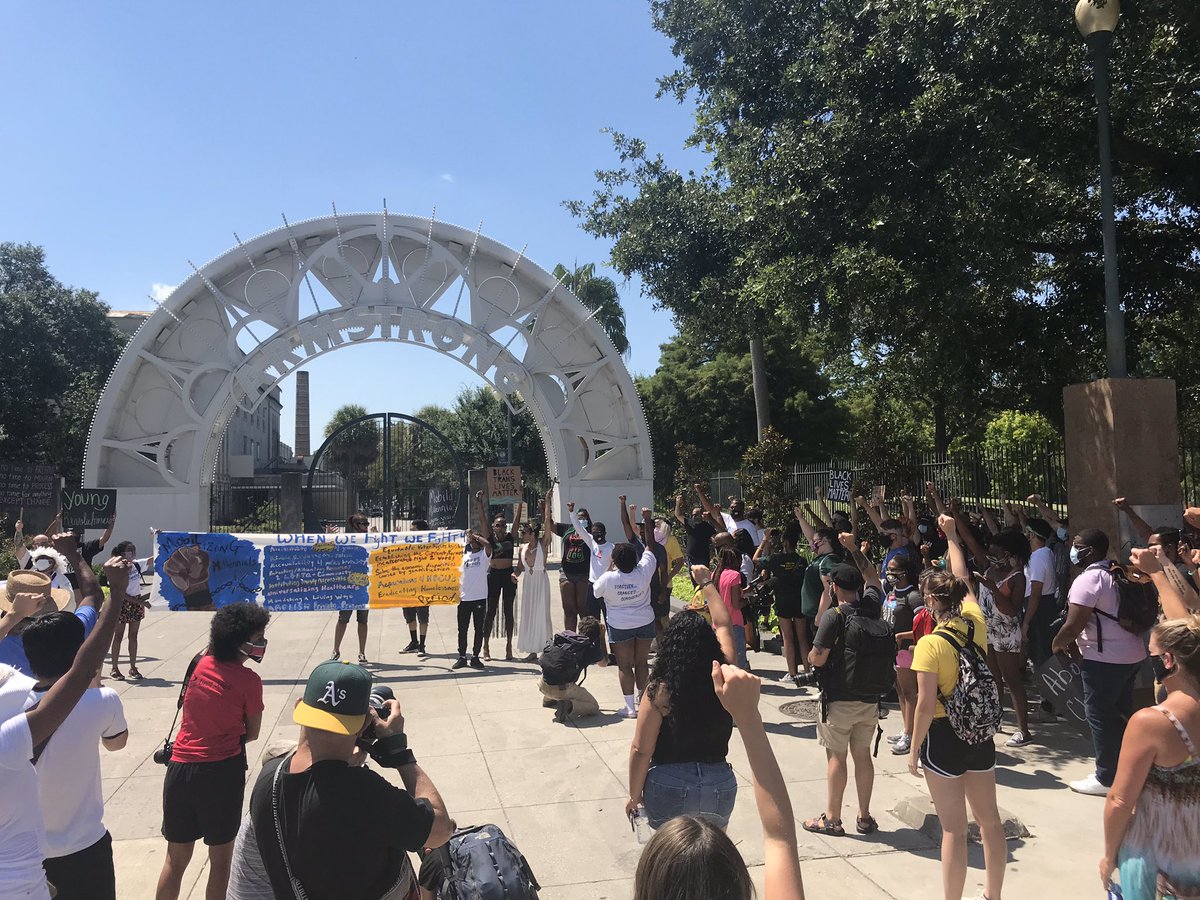 A few hundred people here outside the locked gates of Louis Armstrong Park, which does exceed New Orleans’ current coronavirus emergency crowd restrictions.