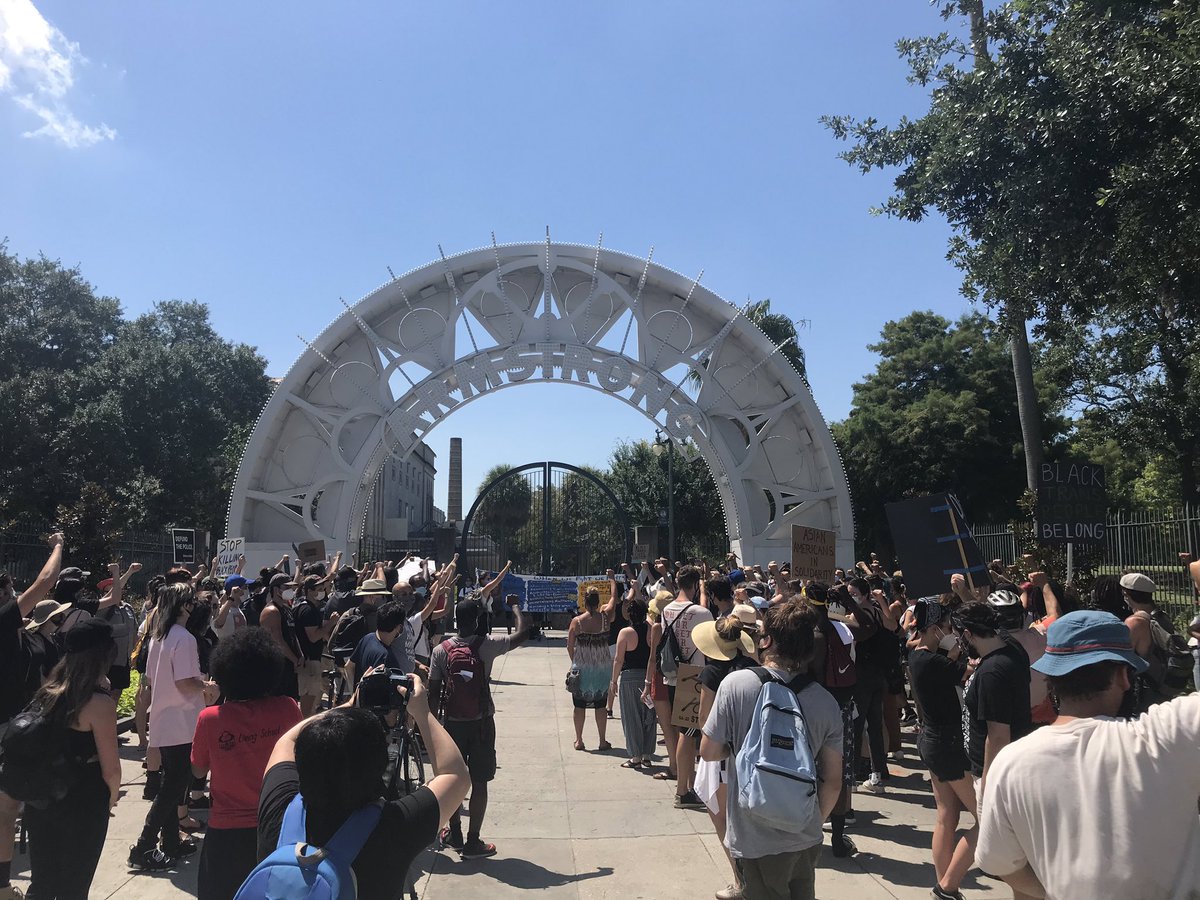 A few hundred people here outside the locked gates of Louis Armstrong Park, which does exceed New Orleans’ current coronavirus emergency crowd restrictions.