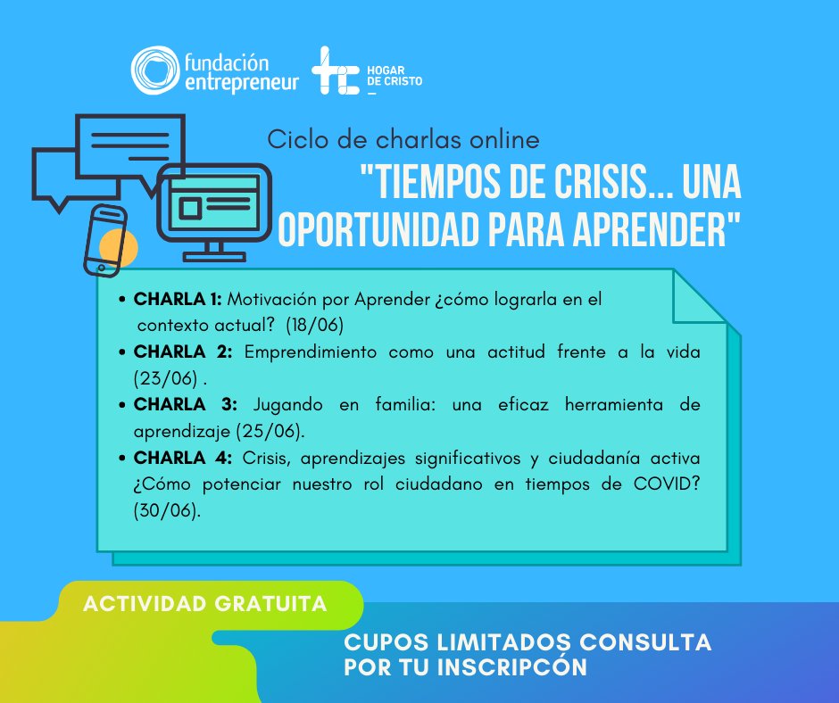 Les damos la bienvenida a nuestro primer ciclo de webinar junto a <a href="/Hdecristo/">Hogar de Cristo 🇨🇱</a> : “Tiempos de Crisis… una oportunidad para aprender”. 

¡Los esperamos!

Inscríbete aquí:
us02web.zoom.us/webinar/regist…

#FundaciónEntrepreneur #HogarDeCristo