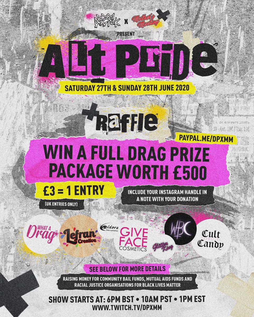 drag_punk's tweet image. 🌟Announcement !🌟
As part of our fundraising show in collaboration with Mothers Meeting we also have this AMAZING raffle! Each tip of £3 is 1 entry to win, and you can enter AS MANY times as you’d like! So open your purse 😉 100% of tips go to BLM bail funds and organisations🖤