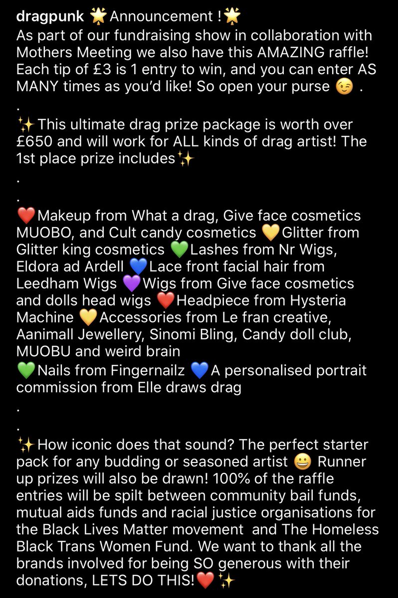 drag_punk's tweet image. 🌟Announcement !🌟
As part of our fundraising show in collaboration with Mothers Meeting we also have this AMAZING raffle! Each tip of £3 is 1 entry to win, and you can enter AS MANY times as you’d like! So open your purse 😉 100% of tips go to BLM bail funds and organisations🖤