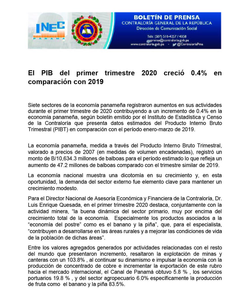 ContraloriaPma's tweet photo. Boletín de Prensa: 
El PIB del primer trimestre 2020 creció 0.4% en comparación con el 2019. 
#ContraloríaPanamá #PIB #INEC #Panamá https://t.co/sEesnAZXuR