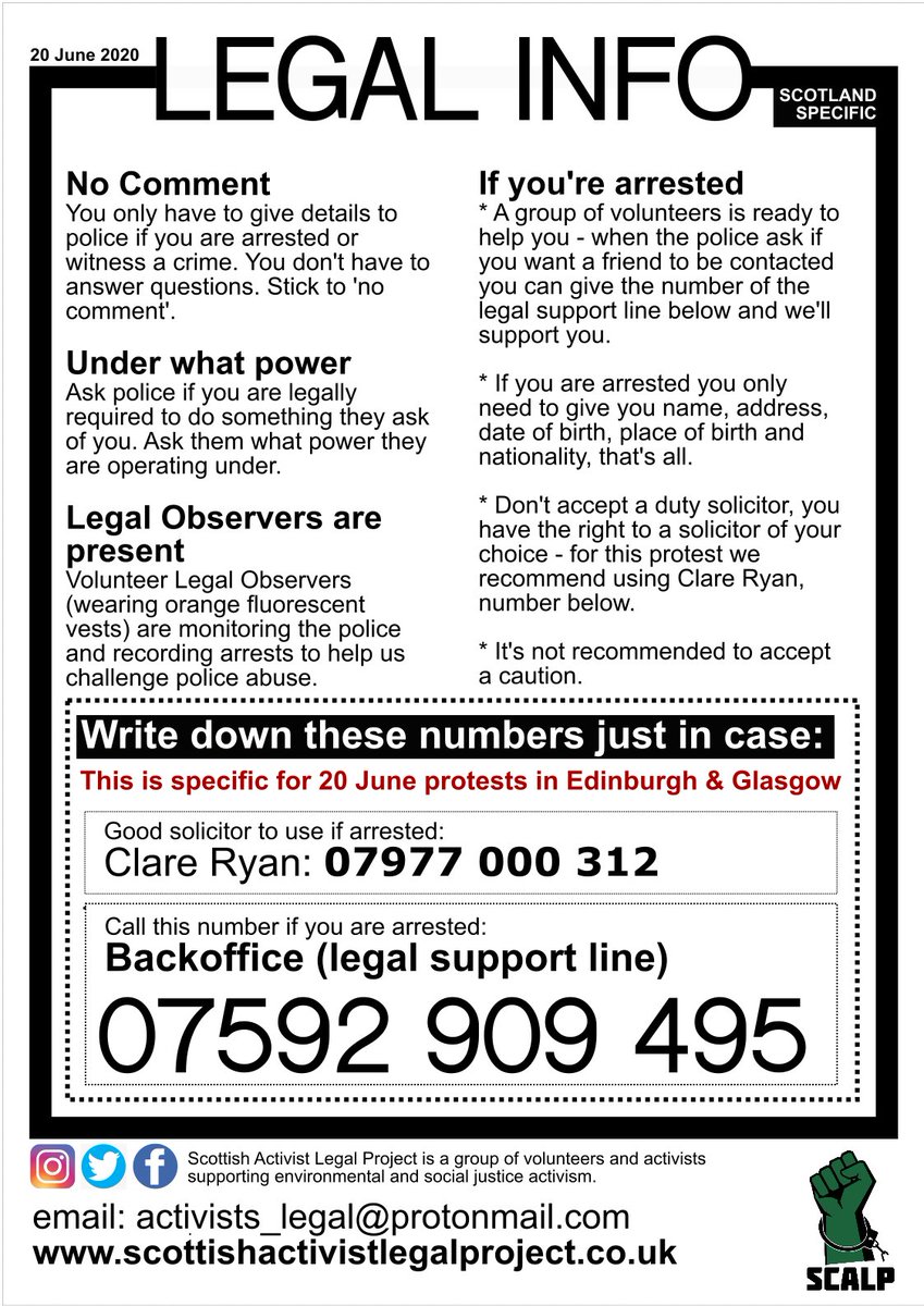 Taking part in the Justice for Slaves rally in Edinburgh, or Glasgow Says No to Racism on Saturday? If so read this info and write down the phone numbers, just in case ❤️ #BLMScotland #BlackLivesMattterUK