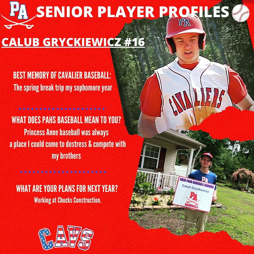 PACavsBaseball's tweet photo. June has been designated the "Month of the VBCPS Graduate" so we will be honoring our 9 Cavalier Baseball Club seniors in posts throughout the month!
Congratulations to Calub Gryckiewicz #16 . Best of luck in your position at Chucks Construction! #cavalierbaseball #pahsbaseball https://t.co/WtL1FJF4mY