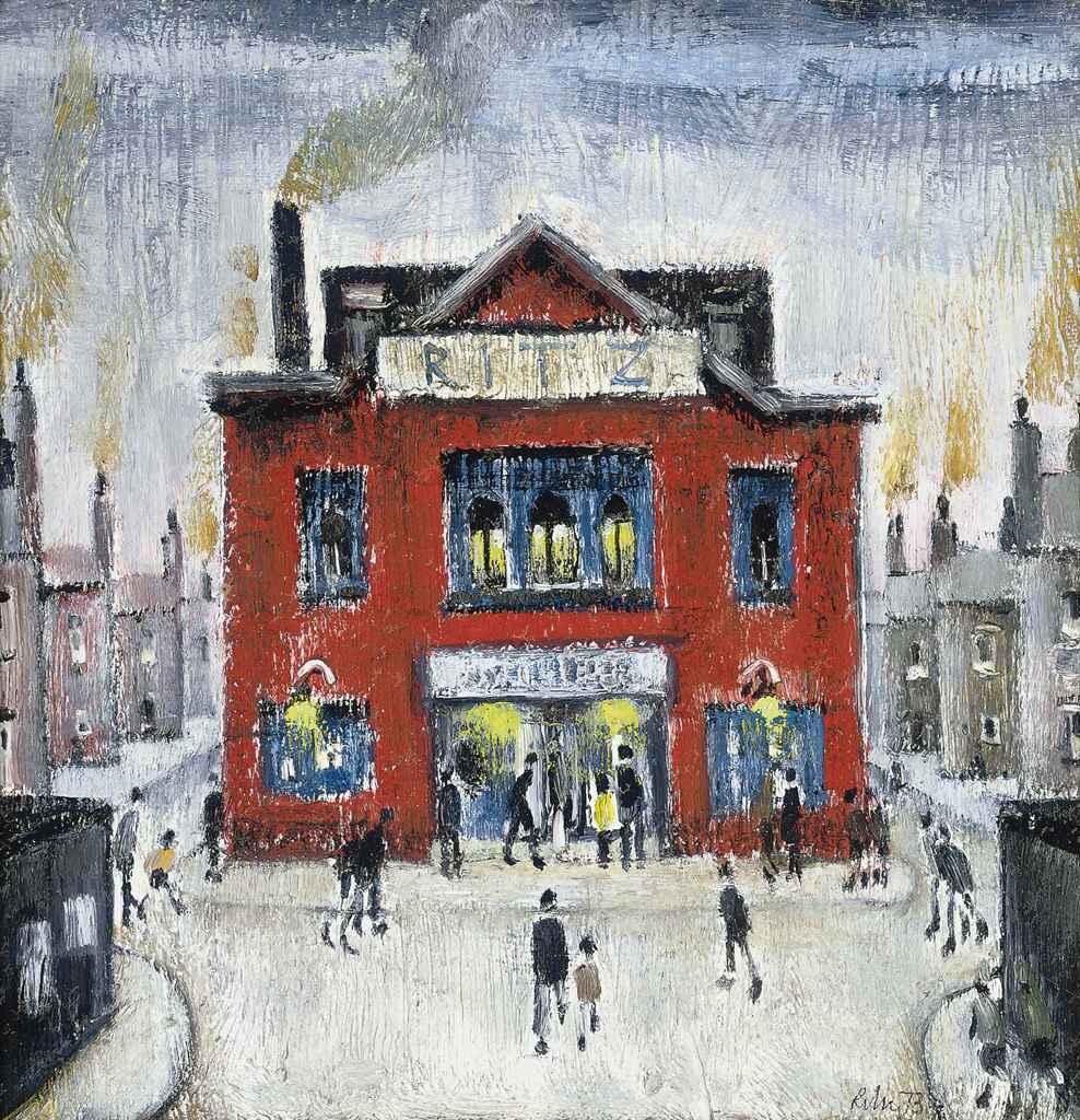 ‘The Ritz, Salford’ from 1973 is a typical Harold Riley portrayal of a landmark building. With its vibrant colours and dominant presence, it seems to inhabit an almost different world from the adjacent rows of mean terraced houses.