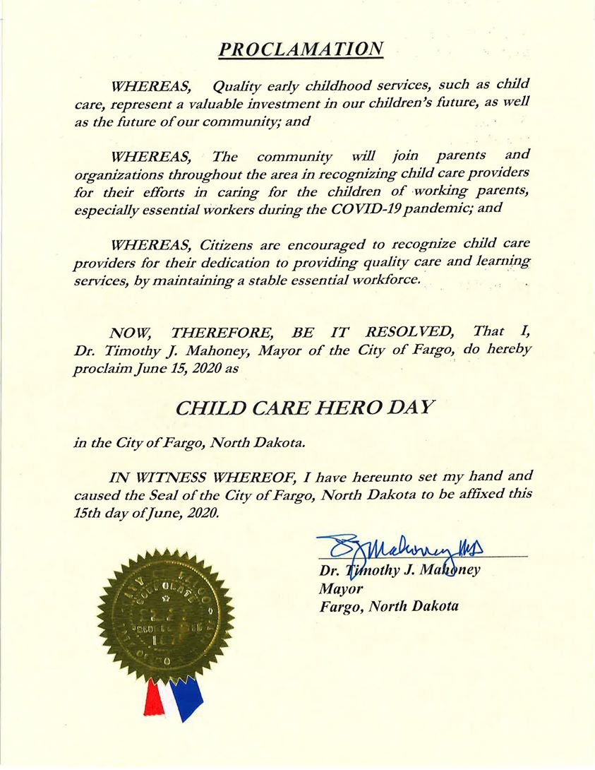 We were excited to celebrate our child care staff on Child Care Hero Day!

Fargo, West Fargo, &amp; Moorhead mayors declared June 15, 2020 as Child Care Hero Day, to thank child care staff for their service during the COVID crisis. We are so grateful for our team &amp; the work they do!