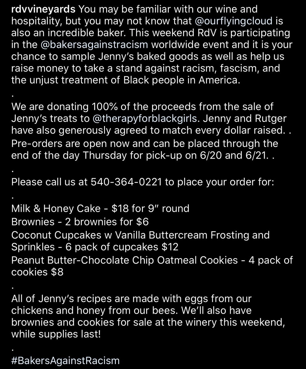 graceabarker's tweet photo. hellooo if you live in the fauquier county area and love baked goods please consider purchasing some of the tasty treats my mom is making for the bakers against racism event!! 🍰🧁🥧 all proceeds are going to therapy for black girls. https://t.co/QOQ9BCpkhP