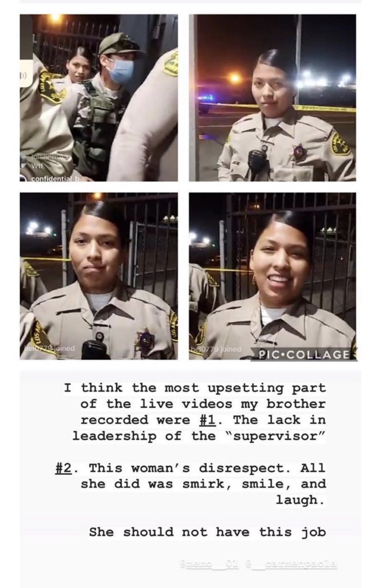 This is Infuriating.  1) A Latina cop smiling and smirking at the family on the scene as the family demands answers for this murder. 2) The family is also claiming that the Sherrif destroyed security footage of the them murdering this kid.  #ACAB