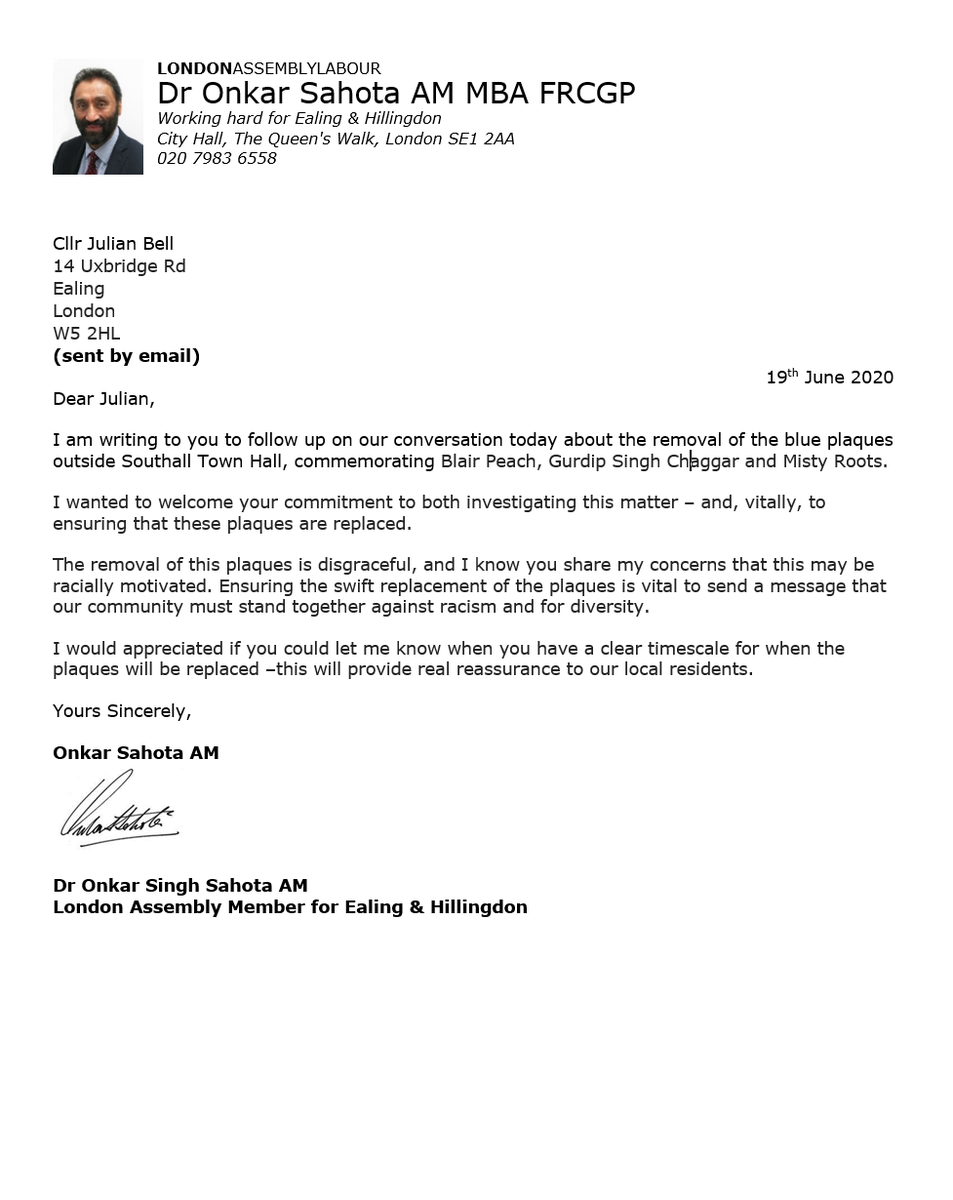 DrOnkarSahotaAM's tweet photo. Earlier today I spoke to @juliangbell about this awful crime. I'm very pleased Ealing Council will be replacing the plaques. Ensuring their swift replacement will show we stand up for diversity.

My office has also spoken to the Borough Commander, and they are investigating this. https://t.co/DHreSm8Zp0