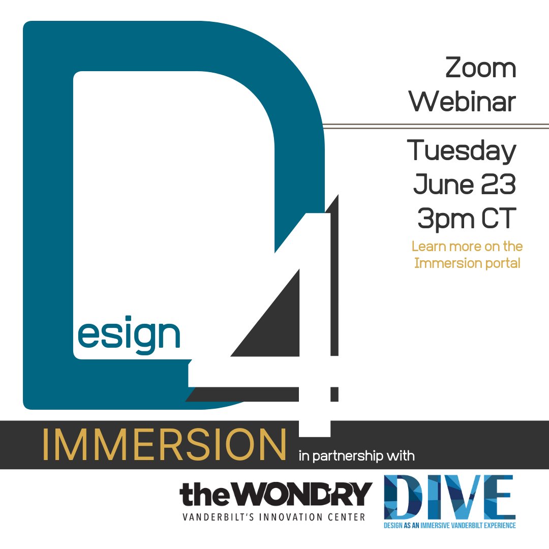 VandyDIVE's tweet photo. Tuesday, June 23 at 3pm CT https://t.co/KRRDzN7Beg
DIVE &amp; @theWondry are partnering w/ @immersionvandy for a design-focused webinar. Students can learn about examples and resources to pursue their own design projects. #DesignThinking #PlanOnImmersion https://t.co/gZnuJg0Ov3