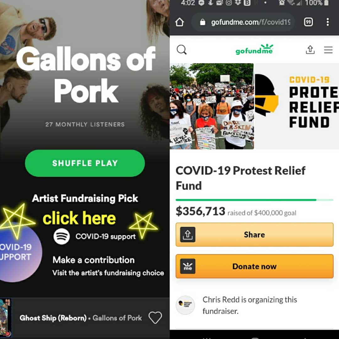 gallonsofpork's tweet photo. We’ve shifted all proceeds from our music to support the protests. Find a link in our Spotify to donate to an org that gives Covid relief to frontline protesters. Any streaming payouts, sales from Bandcamp or merch will be sent to a bail bond fund, most likely through ActBlue. https://t.co/JrZgzCBSR1