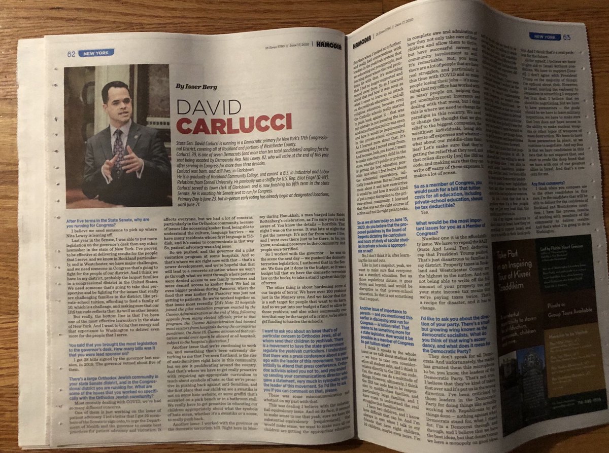 Hamodia, one of the most-read weeklies in the Orthodox Jewish Community, interviewed a few  #NY17 candidates for this week’s issue:1)  @DavidCarlucci  https://hamodia.com/2020/06/18/interview-congressional-candidate-david-carlucci/2)  @DavidBuchwald  https://hamodia.com/2020/06/18/interview-congressional-candidate-david-buchwald/3)  @AdamSchleiferNY  https://hamodia.com/2020/06/18/interview-congressional-candidate-adam-schleifer/