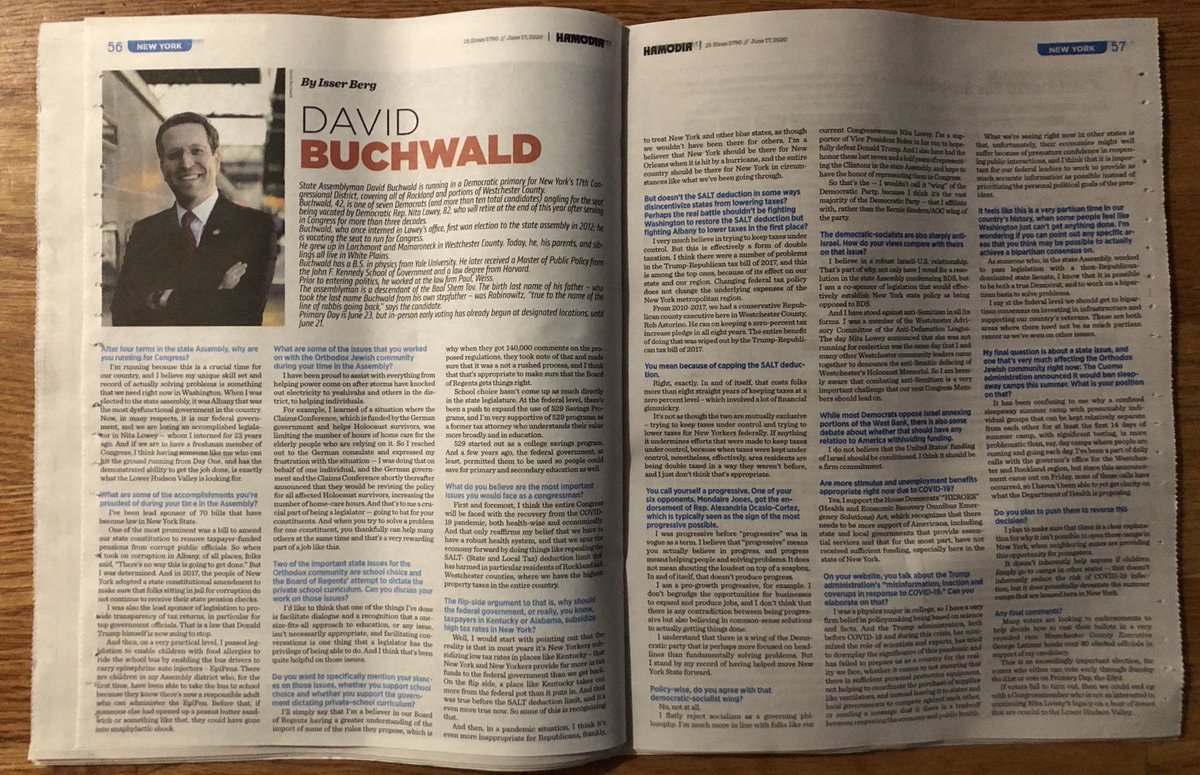 Hamodia, one of the most-read weeklies in the Orthodox Jewish Community, interviewed a few  #NY17 candidates for this week’s issue:1)  @DavidCarlucci  https://hamodia.com/2020/06/18/interview-congressional-candidate-david-carlucci/2)  @DavidBuchwald  https://hamodia.com/2020/06/18/interview-congressional-candidate-david-buchwald/3)  @AdamSchleiferNY  https://hamodia.com/2020/06/18/interview-congressional-candidate-adam-schleifer/