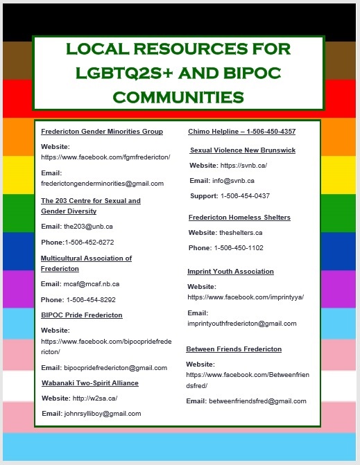 A list of local resources for LGBTQ2S+ BIPOC in the Fredericton region. Thanks to Aaron Beaumont (@ occupy.yourskin on Instagram) for compiling!