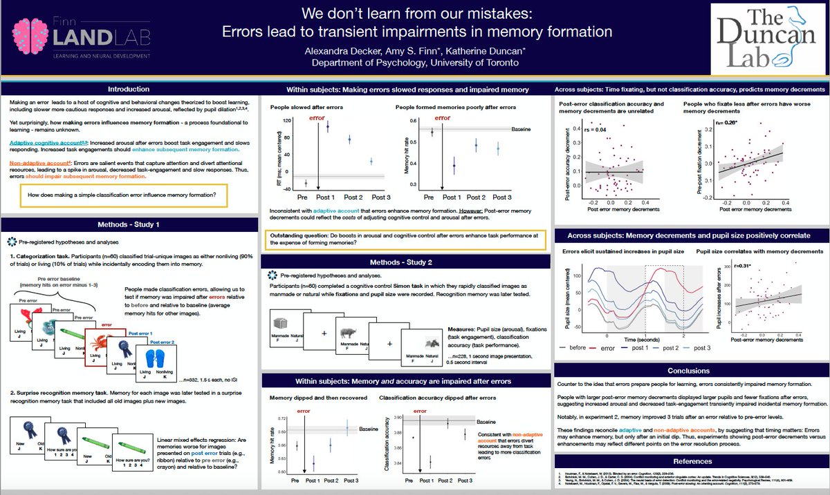 LexiDecker3's tweet photo. If you've ever wondered how making a simple error influences memory formation, check out my #VSS2020 poster with @amysuefinn and Katherine Duncan! We found that instead of preparing people to learn, memory was worse right after people made errors. https://t.co/txEWA2JIWQ