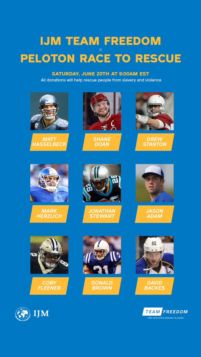 I’ve accepted <a href="/Donaldb31/">Donald Brown</a>’s invite to join the #IJMRaceToRescue this SATURDAY at 9am ET on <a href="/onepeloton/">Peloton</a>. 

Join us &amp; #TeamFreedom! 

(45 min Matt Wilpers HIIT &amp; Hills from 1/24/20) - details in bio