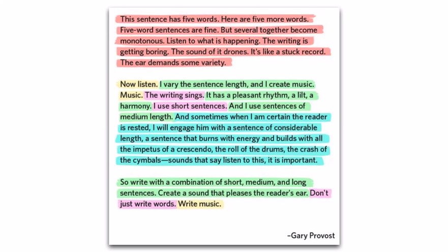 15/nDon't just write words. Write music!Combine short, medium and long sentences to create a rythm[this doesn't work very well as a tweet - on the webinar, he read the passage below aloud (after readint text with 5-word sentences) and indeed, it makes a huge difference!]