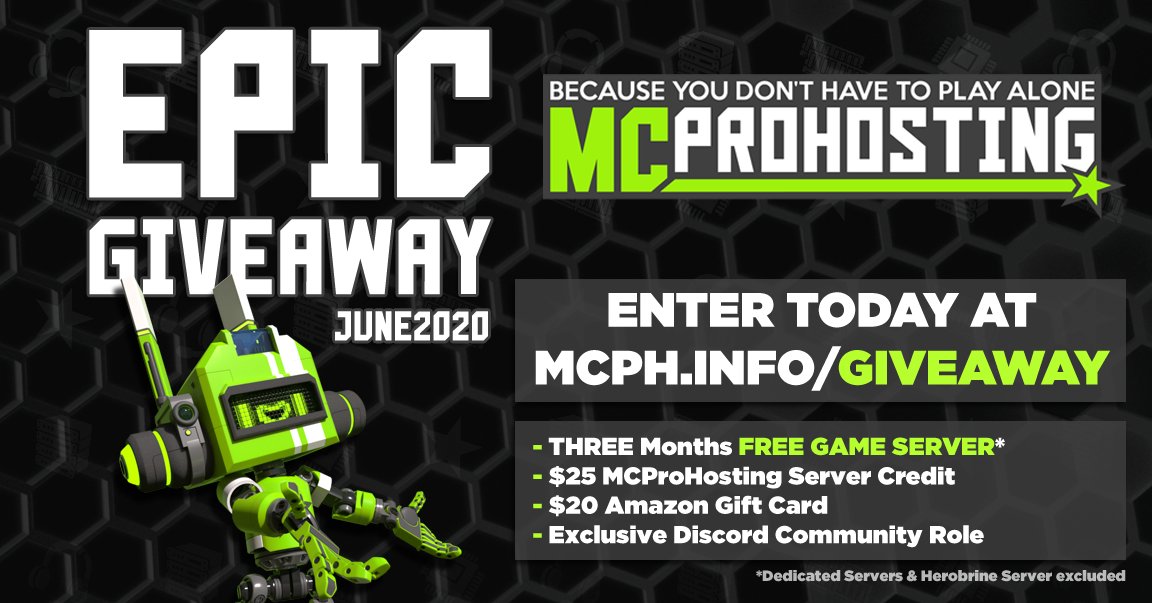 MCProHosting's tweet image. GIVEAWAY TIME! - From now until next week Thursday you can enter for a chance to win some awesome prizes! 🎁

- FREE SERVER for Three Months!
- $25 MCProHosting Credit
- $20 Amazon Gift Card
- Exclusive Discord Community Role!

Start earning entries today:
mcph.info/giveaway