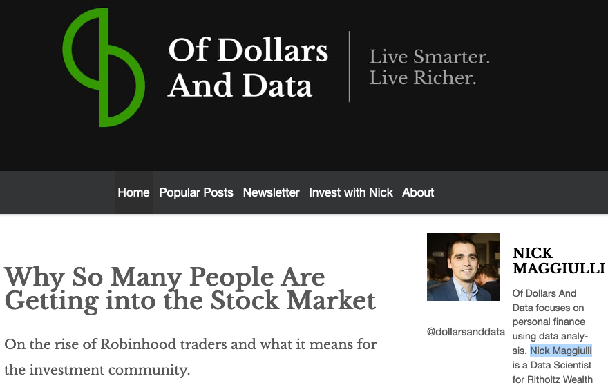 26/n Example #1 of personal monopoly: Of Dollars and Data - personal finance using data analysis by data scientist Nick Maggiulli ( @dollarsanddata)