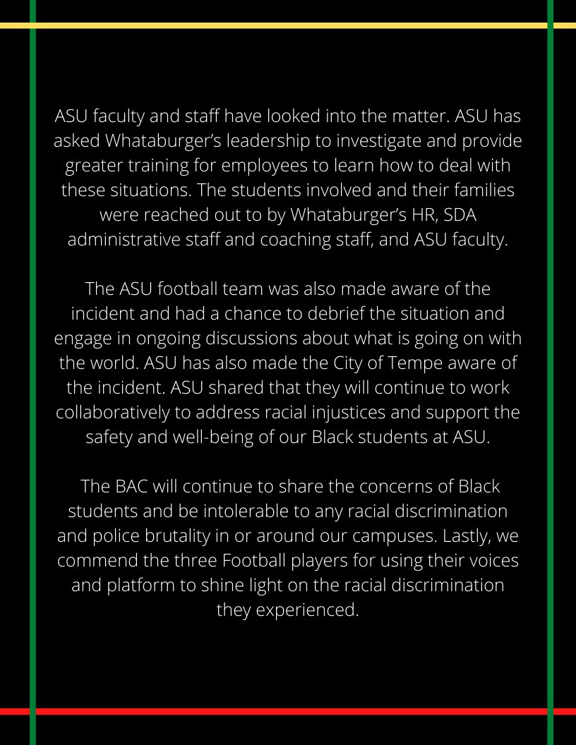 We commend the Black ASU football players that shared their experience with racism and racial discrimination. The BAC stands with you 🗣✊🏾 <a href="/ASUFootball/">Sun Devil Football</a> <a href="/TheSunDevils/">Arizona State Sun Devils</a>