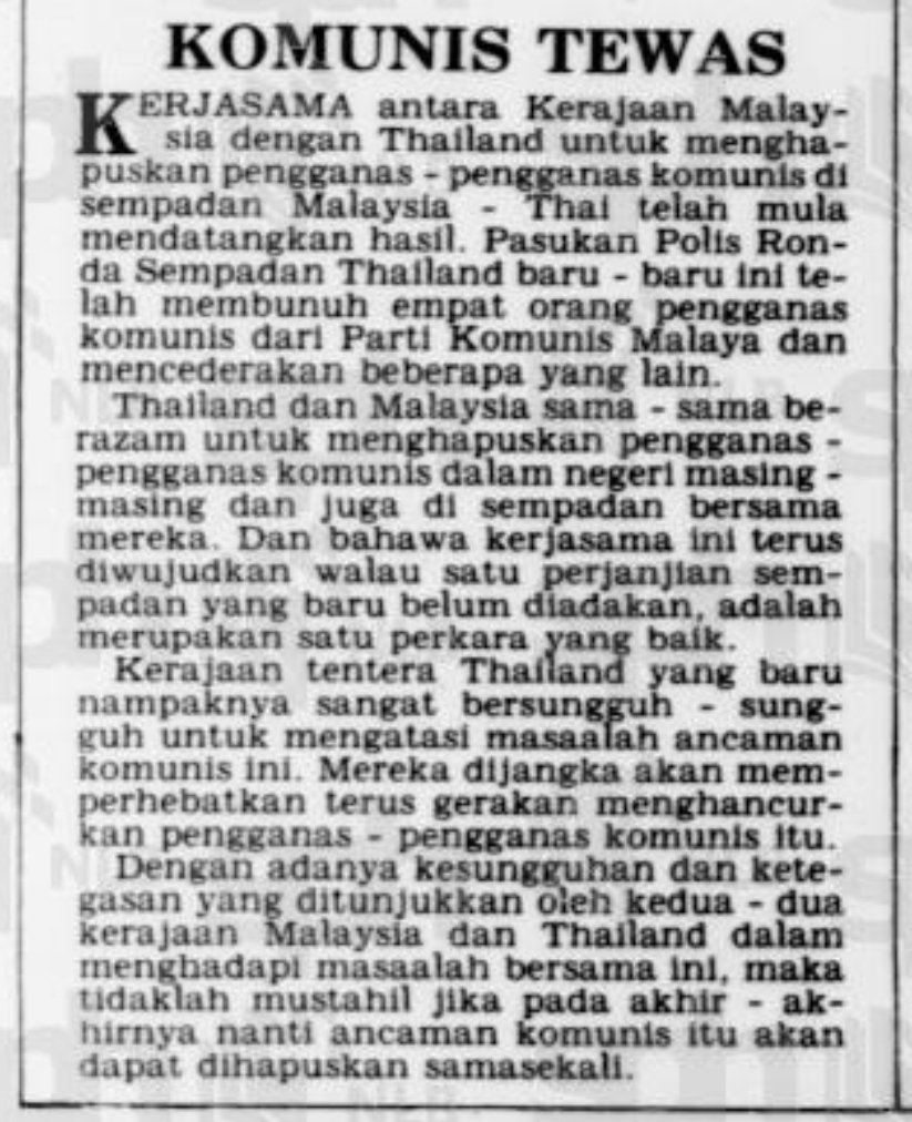 Namun, usaha terus dilipatgandakan hingga kita dapat bina markas pasukan keselamatan Malaysia di Thailand. Ia pastinya hasil persefahaman yang dijalin antara Malaysia dan Thailand atas objektif yang sama; mahu memusnahkan ancaman komunis dari dua belah sempadan negara. 6/8