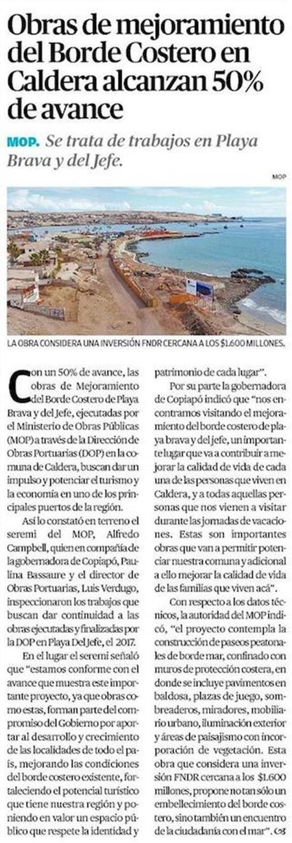 MOP_Atacama's tweet photo. 👷🏼♀️☝️Hoy Medios de Prensa 🎙️📻📺📰🗞️destacaron el 50% d avance de las obras de Mejoramiento del Borde Costero de Playa #Brava y #DelJefe en la comuna de #Caldera 👏🏻
Lee los detalles 👇
https://t.co/69nSuVb6lc
https://t.co/ooyNvJPGfq
https://t.co/IbI97tZFfv
https://t.co/d8wqC6LYtJ https://t.co/ud49SjsXHt