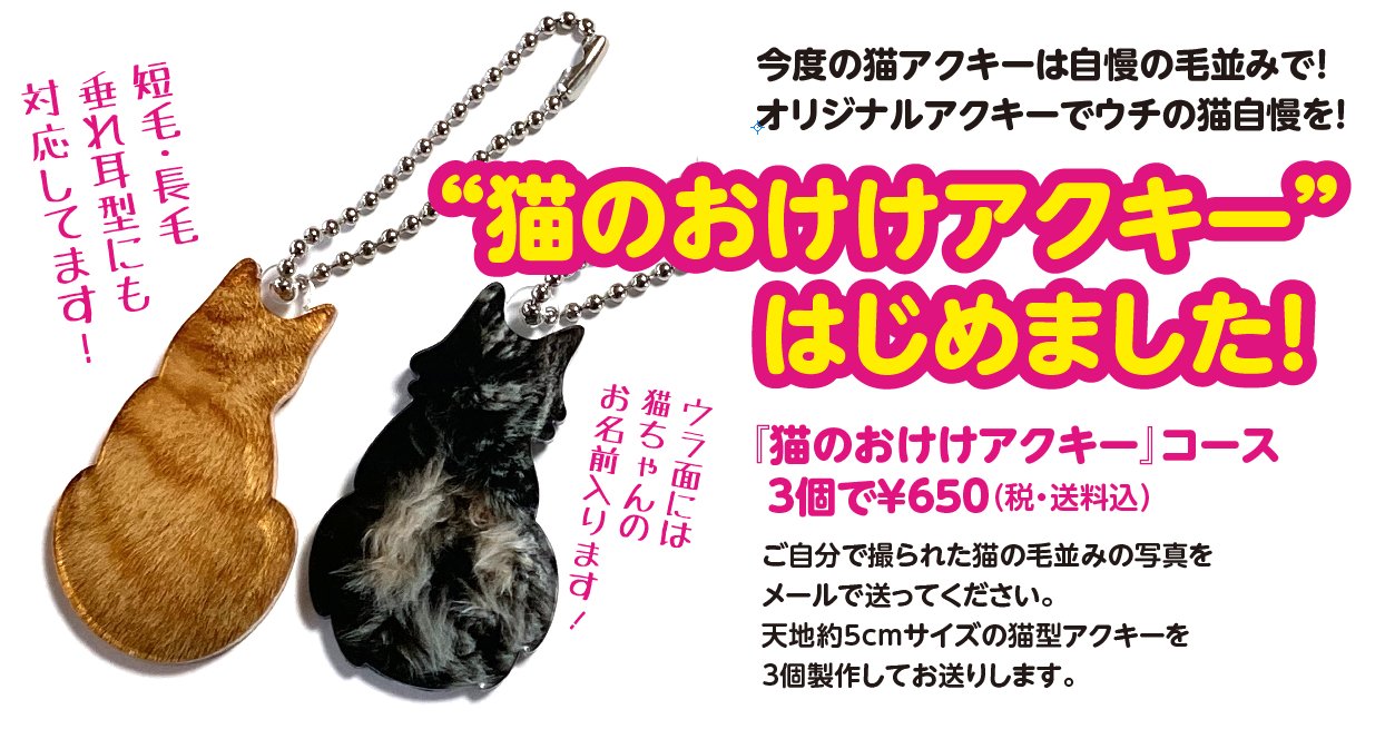 ネストグラフィックス 猫のおけけアクキー 始めました ウチの猫 おたま 無いんです の声にお応えして 猫型 毛並み オリジナルアクキーの制作を始めました 製作には 猫の毛並み 写真を撮って送るだけ 詳しくは下記サイトのフォームよりお