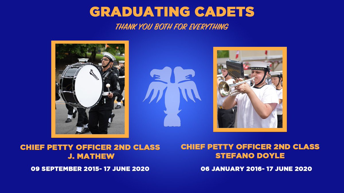 Our next two graduating cadets are CPO2 J. Mathew and CPO2 S. Doyle. From all of us here at Haida, we thank you both for your contributions to the band and to the corps. Thank you both for everything, and we wish you all the best! Come visit us when you can. 🖤💛🎉