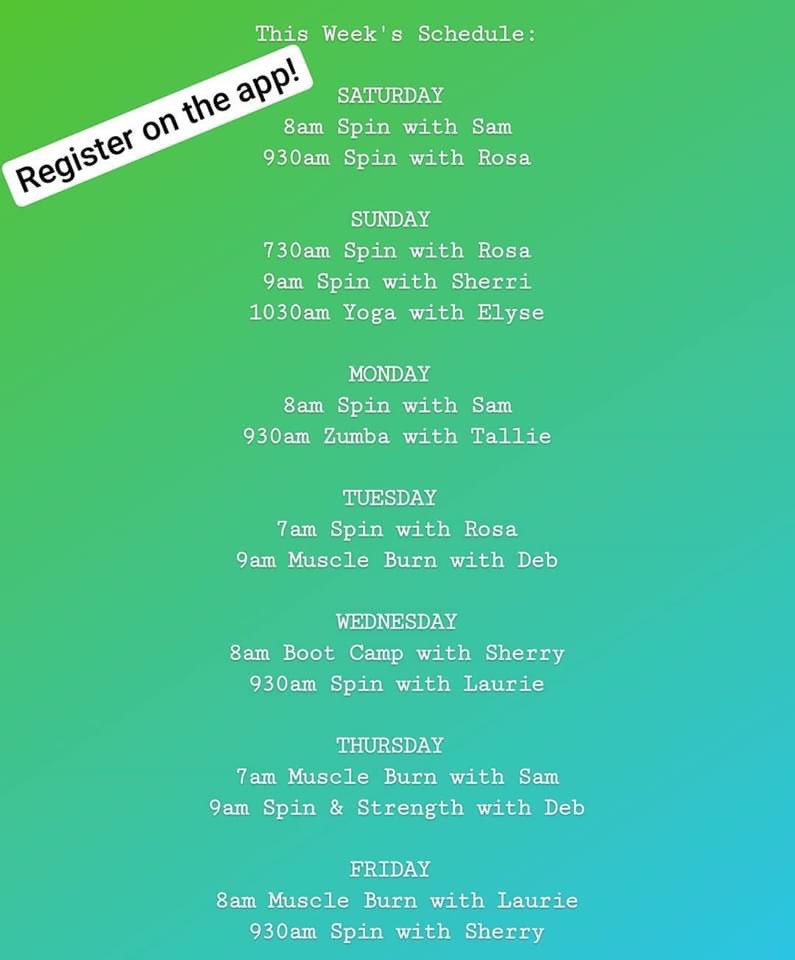 Next Week's outdoor group exercise schedule is now out! Register on our app! For more information, email Sam McCarthy at smccarthy@cedardale-health.net