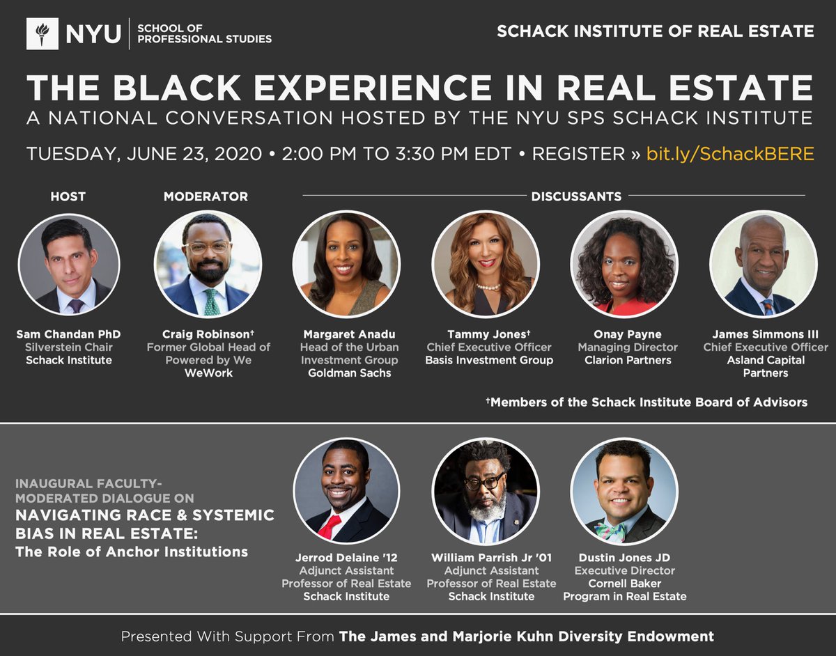 DustinJonesEsq's tweet photo. Honored to join @samchandan and a panel of industry leaders in a conversation on the Black experience in #RealEstate, and how we address systemic racism in capital raising, development, and investment. Hosted by 
@NYUSchack 
All are welcome. Register at https://t.co/GdCkdAzFWa https://t.co/ZihVARwMct