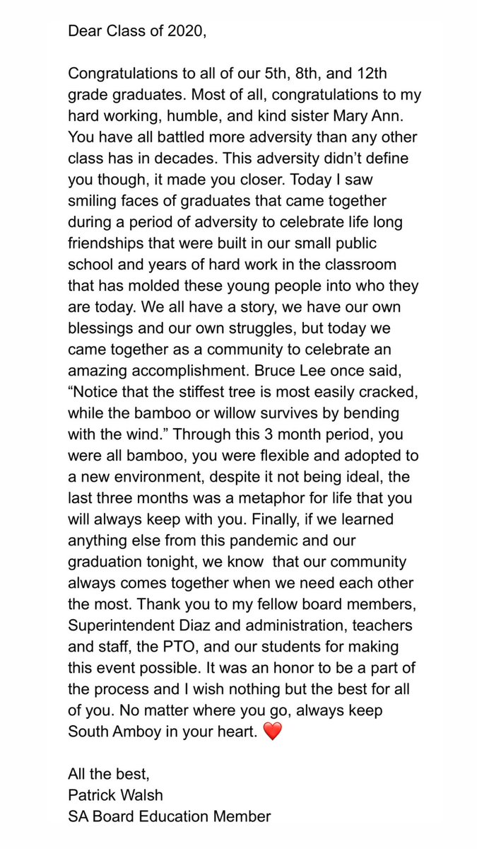 PatWalshBOE's tweet photo. Letter to the class of 2020: https://t.co/hqt0C5zyaE
