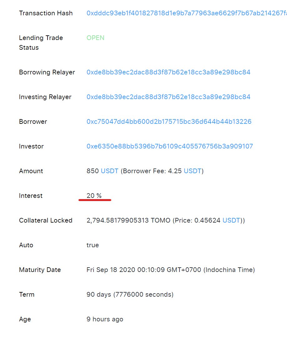 A new TomoX P2P lending trade with 20% interest (APR) It looks very promised #TomoChain #TomoX #DeFi