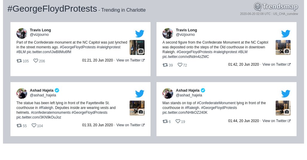 TrendsCharlotte's tweet photo. #georgefloydprotests is now trending in #Charlotte

https://t.co/RyKwCGJYWI https://t.co/MwQsBsx0Zq