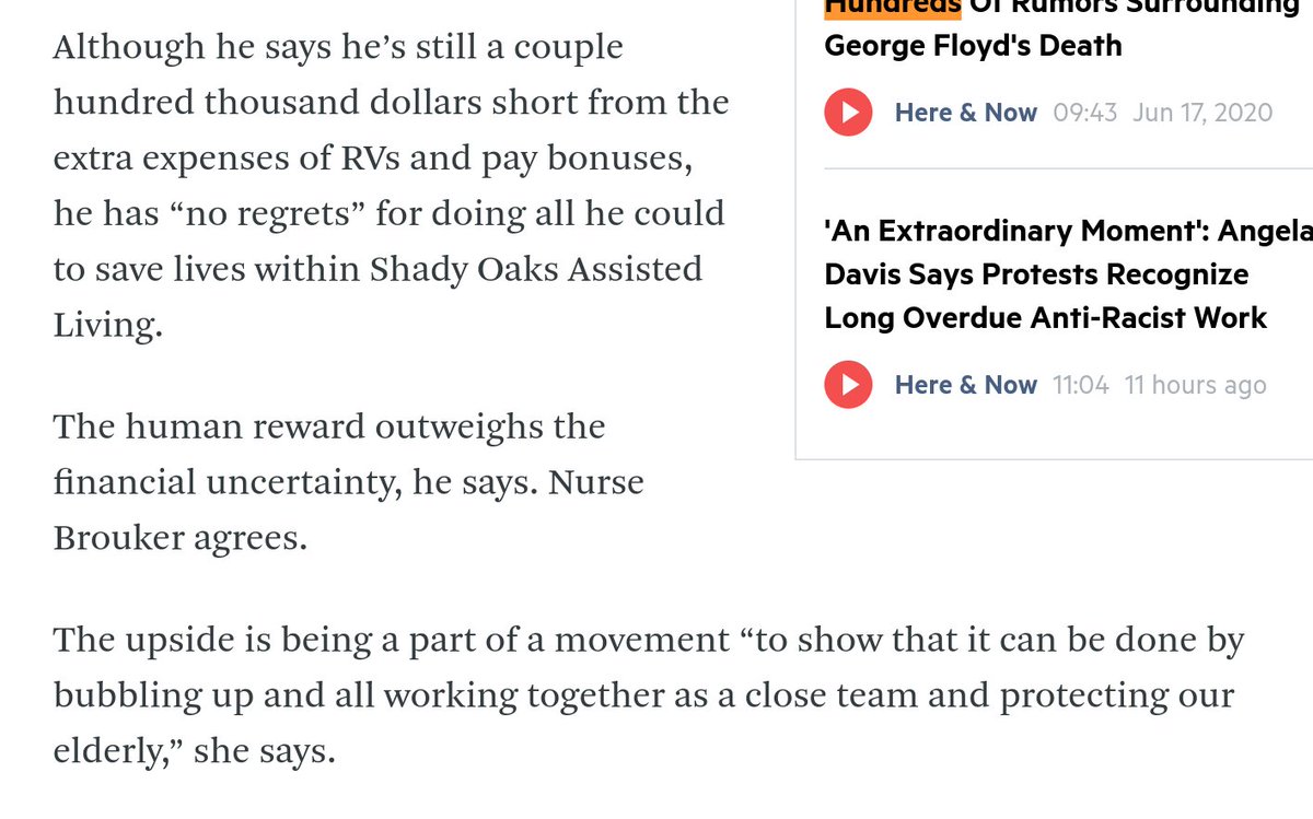 Nursing home manager, Iraq vet, saw Seattle cases: started buying PPE, stopped visits. He learned of asymptomatic spread so he got staff to live at his home and in RVs next to the facility. He's losing "a couple hundred thousand dollars" but no infections.  https://www.wbur.org/hereandnow/2020/05/18/nursing-home-coronavirus-rvs
