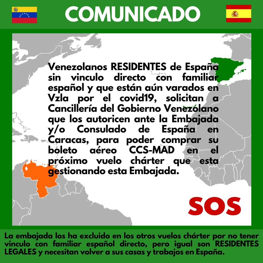 COMUNICADO: Venezolanos RESIDENTES de España , solicitan a <a href="/CancilleriaVE/">Cancillería Venezuela 🇻🇪</a> <a href="/drodriven2/">Delcy Rodríguez</a> que los autoricen para que puedan regresar a España en el próximo vuelo chárter Caracas-Madrid que está gestionando el <a href="/ConsEspCaracas/">Consulado General de España en Caracas</a> y la <a href="/EmbEspVenezuela/">EmbEspVenezuela</a> <a href="/MAECgob/">Ministerio de Asuntos Exteriores, UE y Cooperación</a>  #SOS