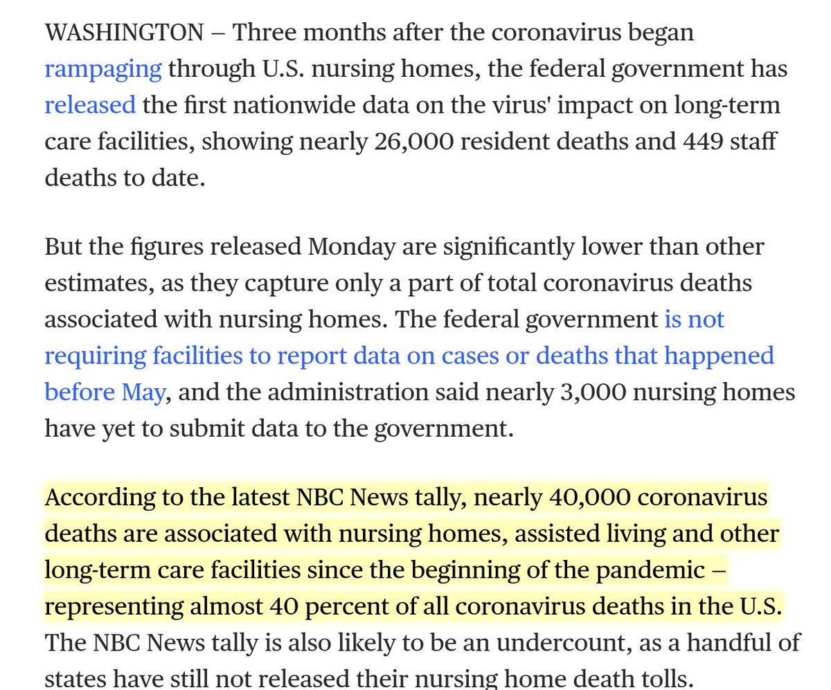 About 40% of US COVID losses are in nursing homes and assisted living facilities—an undercount, too. The examples above show this wasn't inevitable. 40,000+ elderly people died, mostly alone and unable to breathe, because we didn't have our act together.  https://www.nbcnews.com/health/health-news/government-counts-26-000-covid-19-deaths-nursing-homes-s-n1221496