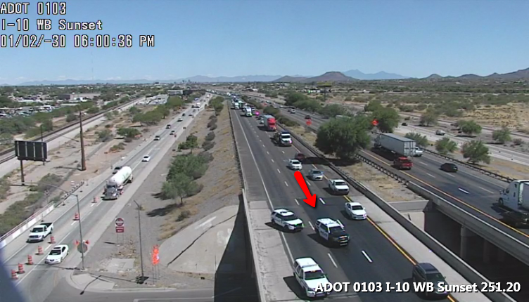 ArizonaDOT's tweet photo. I-10 WB: Right two lanes blocked at Sunset due to a vehicle fire. #tucson https://t.co/aclVIrIZjV