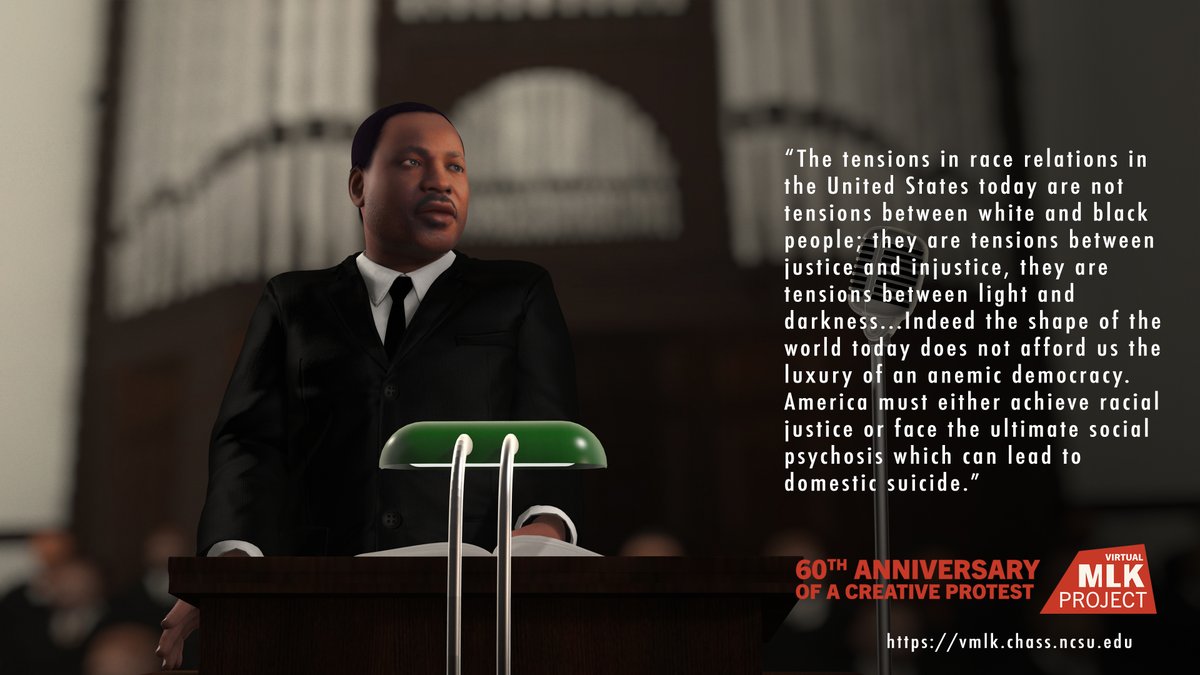 DerekAHam's tweet photo. "Indeed the shape of the world today does not afford us the luxury of an anemic democracy. America must either achieve racial justice or face the ultimate social psychosis which can lead to domestic suicide." #MLK #vMLK #digitalhumanities #VR #blackhistory https://t.co/2L35Q7K2DB