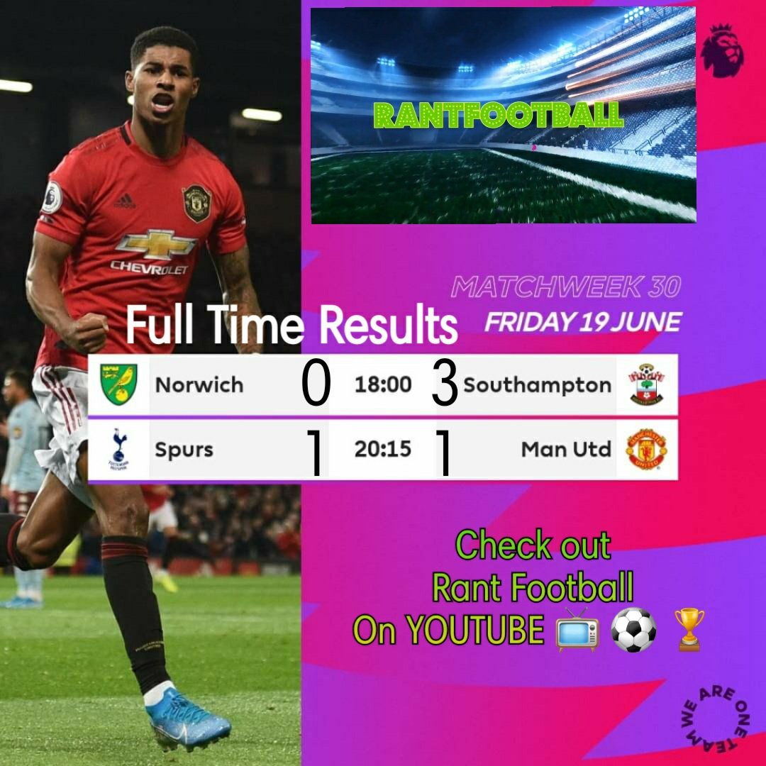 epicphilltravel's tweet photo. Tonight @premierleague Results
#NORSOU #THFCMUFC #PremierLeague 
Check out Rant Football on @YouTube #YouTube 
https://t.co/L5GdGzpwBz https://t.co/PRFY8mHcr0