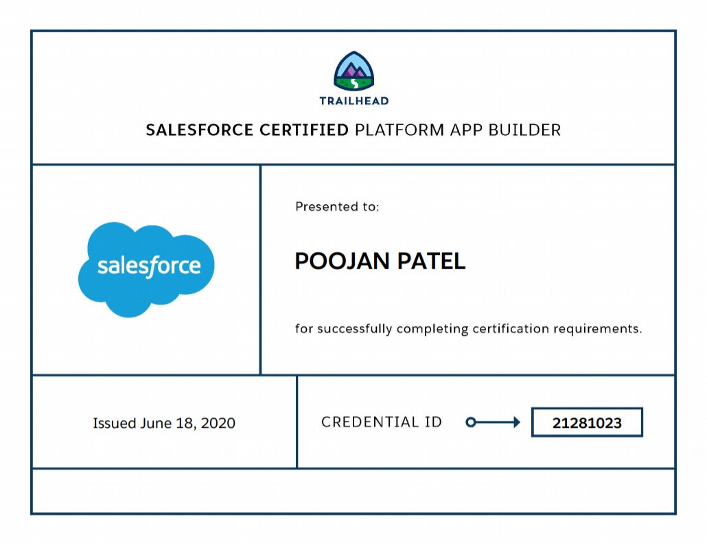 Excited to share that I got my first Salesforce Certification. I am now #Salesforce Certified Platform App Builder!! A big thanks to @trailhead and @salesforce for providing a great learning platform!