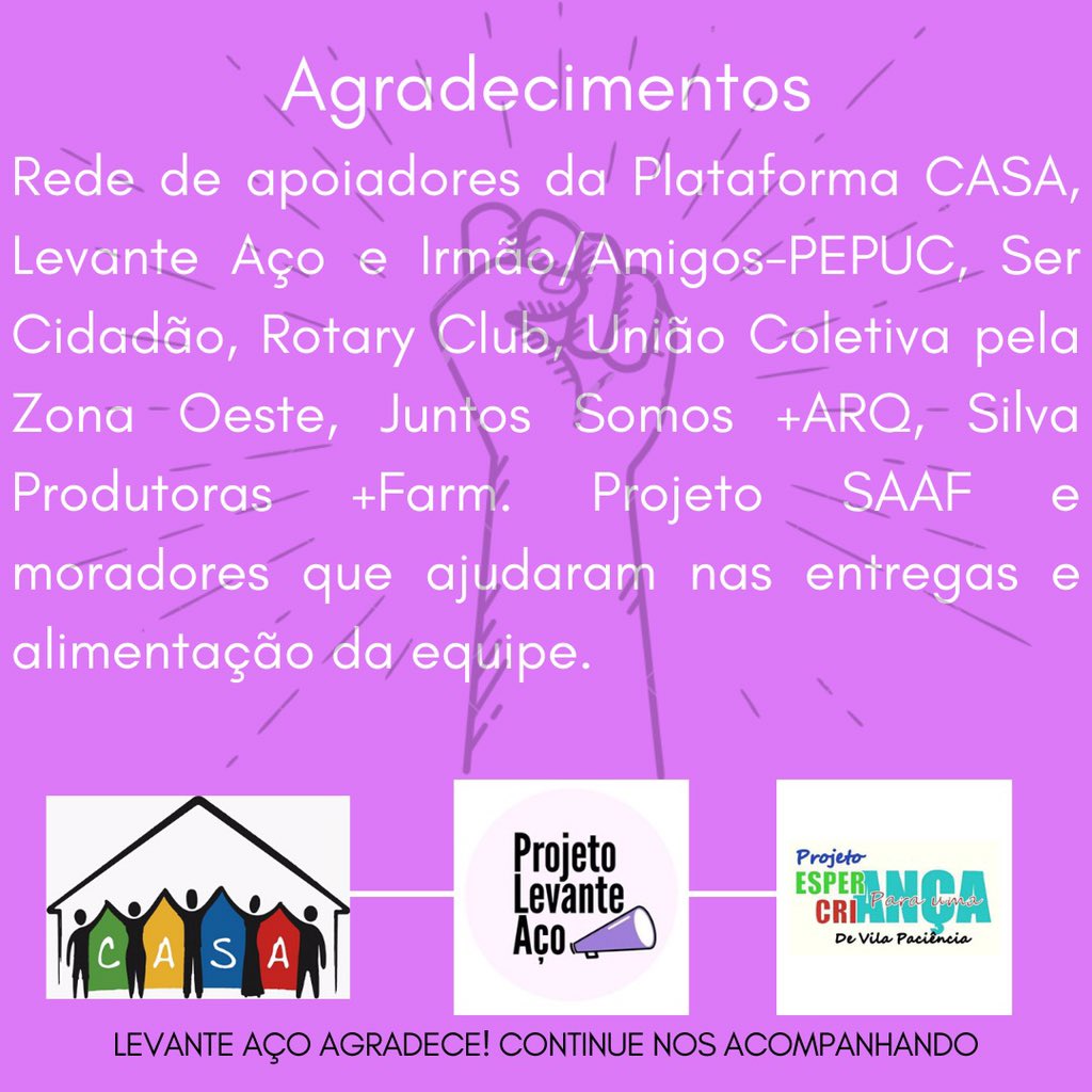 Nós da Mobilização Coletiva pela Favela do Aço/Vila Paciência e do projeto Levante Aço gostaríamos de agradecer pelas suas doações, referente ao período de 06/05 à 05/06, a campanha de arrecadação de alimentos e produtos higiênicos. Com a ajuda de todas que colaboraram!
