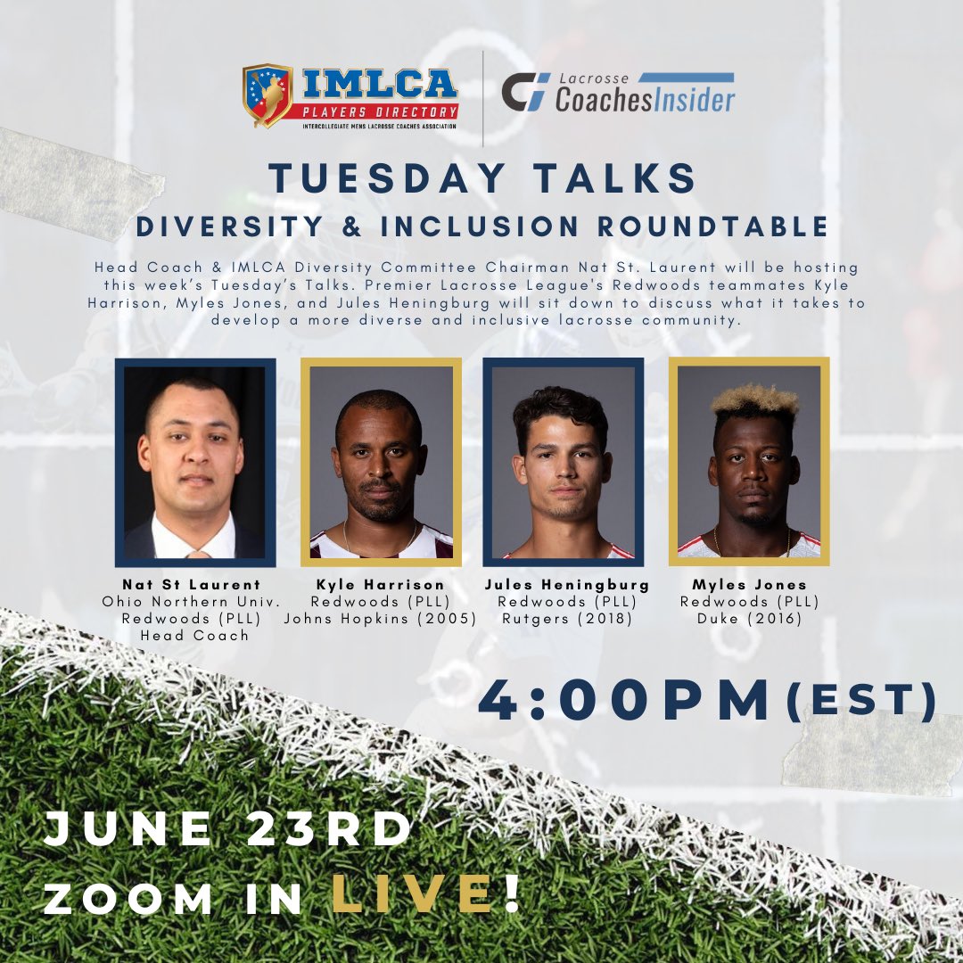 We encourage ALL members of the lax community to attend &amp; participate next wk! @NatStLaurentPLL will be joined by <a href="/PremierLacrosse/">Premier Lacrosse League</a> <a href="/PLLRedwoods/">California Redwoods</a> players <a href="/KyleHarrison18/">Kyle M. Harrison</a> <a href="/Julesheningburg/">Jules</a> <a href="/MylesJones_15/">Myles Jones</a>. 
to talk diversity &amp; inclusion in our sport.
Register➡️us02web.zoom.us/webinar/regist…