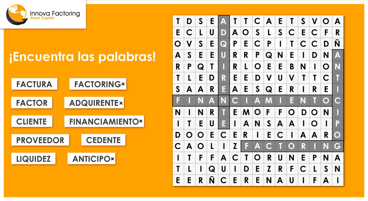 DigiFactoring's tweet photo. ¡Dinámica del fin de semana! Encuentra las palabras en la sopa de letras de Innova Factoring y comparte en los comentarios el screenshot de tu victoria.🏆

#innovafactoringchallenge #InnovaFactoring #Factoring #Dinámica https://t.co/NWNlqiIZFt