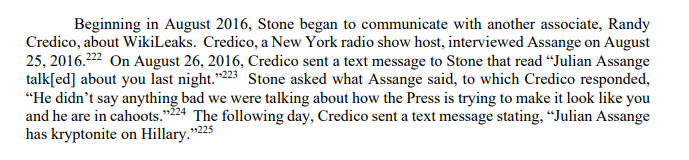 Text message from  @Credico2016 to Stone: "Julian Assange talked about you last night."