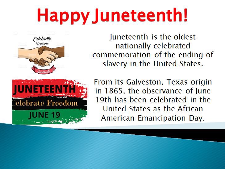PrincipalMLK's tweet photo. Happy Juneteenth! If you’re not familiar with this holiday, it’s a great opportunity to learn. https://t.co/7G9awKbFOq