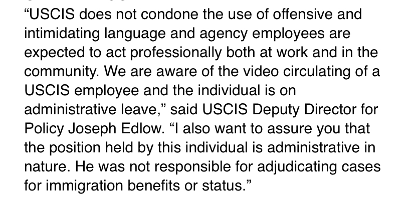  #BREAKING:  @USCIS Deputy Director for Policy Joseph Edlow says Lee Jeffers is on administrative leave and "that the position held by this individual is administrative in nature. He was not responsible for adjudicating cases for immigration benefits or status."